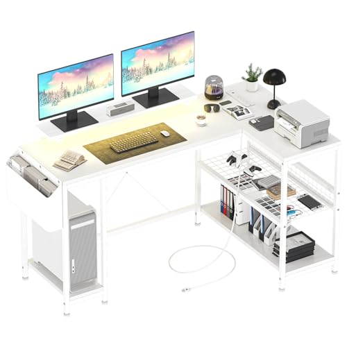 49" L Shaped Desk with Power Outlet & LED Lights, Reversible Corner Computer Desk with Storage Shelves & Monitor Stand, Home Office Desk for Gaming Writing Study (White)