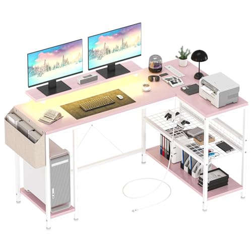 49" L Shaped Desk with Power Outlet & LED Lights, Reversible Corner Computer Desk with Storage Shelves & Monitor Stand, Home Office Desk for Gaming Writing Study (White)