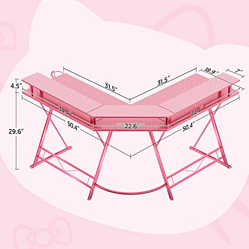 SEVEN WARRIOR L Shaped Gaming Desk with LED Lights & Power Outlets, 50.4” Computer Desk with Monitor Stand & Carbon Fiber Surface, Corner Desk with Cup Holder, Gaming Table with Hooks, Black