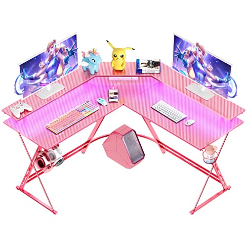 SEVEN WARRIOR L Shaped Gaming Desk with LED Lights & Power Outlets, 50.4” Computer Desk with Monitor Stand & Carbon Fiber Surface, Corner Desk with Cup Holder, Gaming Table with Hooks, Black