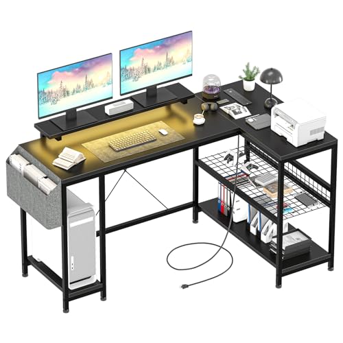 49" L Shaped Desk with Power Outlet & LED Lights, Reversible Corner Computer Desk with Storage Shelves & Monitor Stand, Home Office Desk for Gaming Writing Study (White)