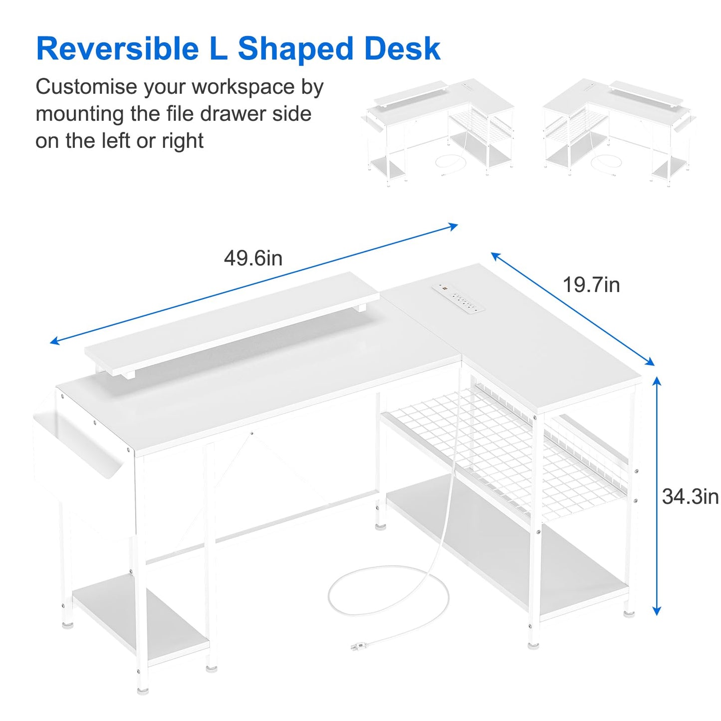 49" L Shaped Desk with Power Outlet & LED Lights, Reversible Corner Computer Desk with Storage Shelves & Monitor Stand, Home Office Desk for Gaming Writing Study (White)