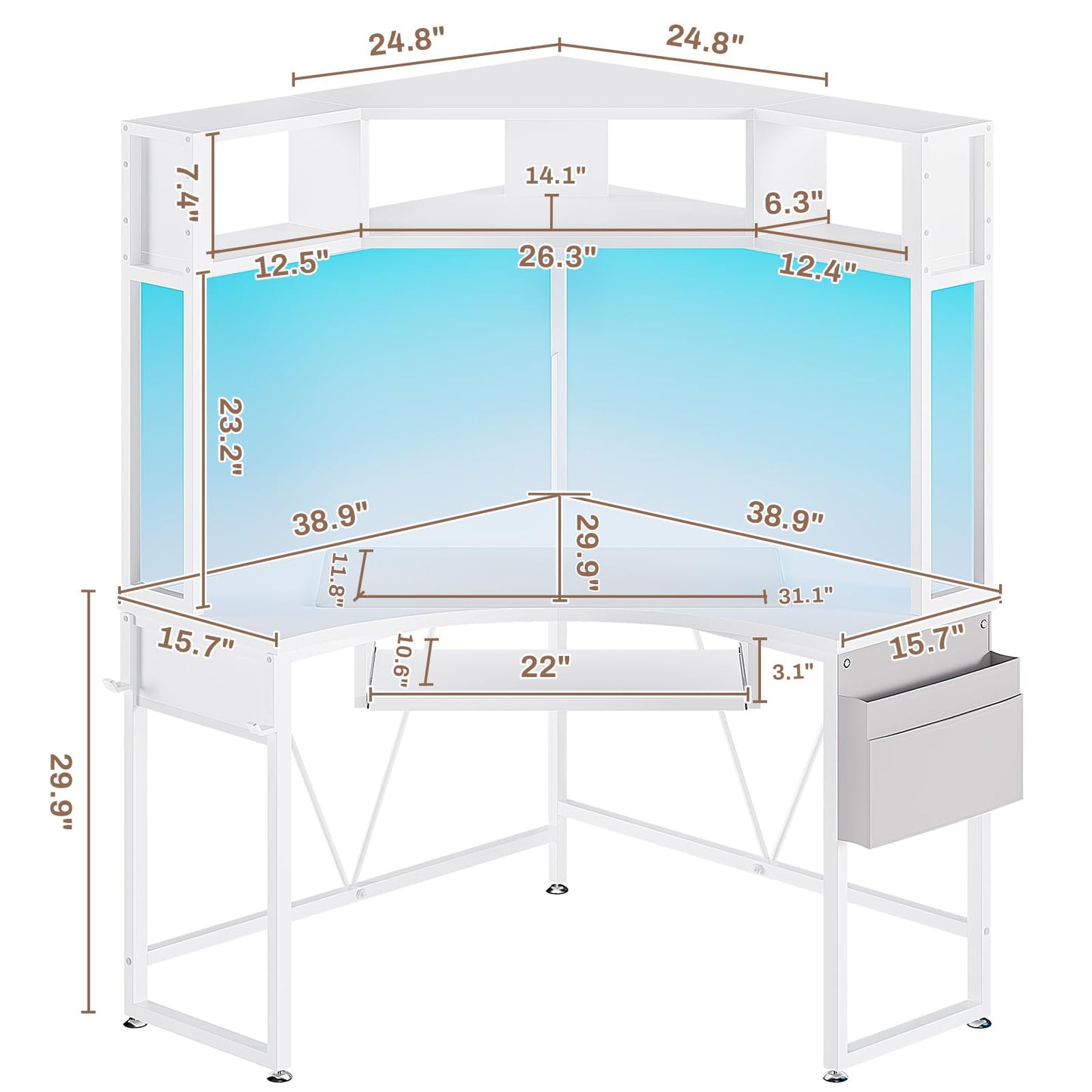 SEDETA Corner Desk, Small Computer Desk with Hutch & LED Lights, Triangle Corner Computer Desk with Keyboard Tray, Storage Bag, and Headphone Hook for Small Space, Small Office Desk, Rustic Brown