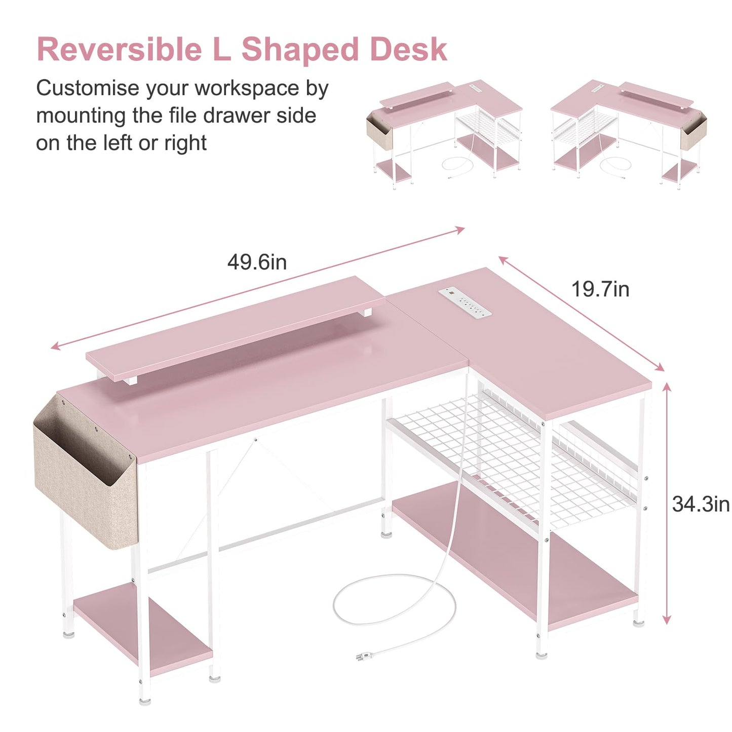 49" L Shaped Desk with Power Outlet & LED Lights, Reversible Corner Computer Desk with Storage Shelves & Monitor Stand, Home Office Desk for Gaming Writing Study (White)