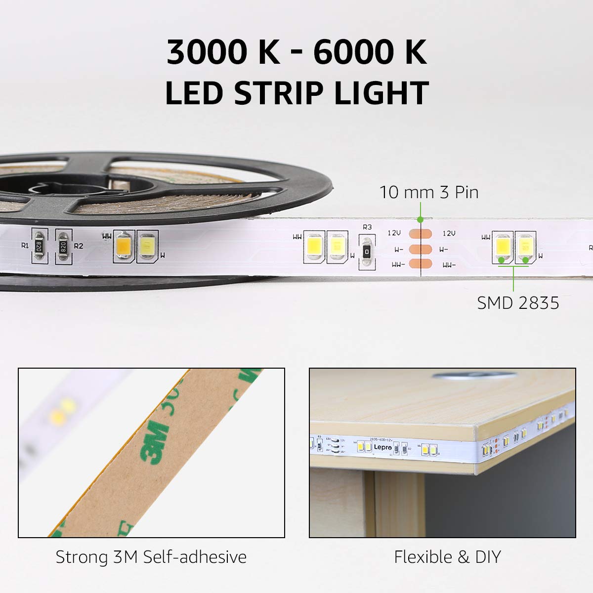 Lepro LED Strip Light, 3000K-6000K Tunable White, 32.8ft Dimmable Bright LED Tape Lights, 600 LEDs 2835, Strong 3M Adhesive, Suitable for Christmas Decorations, Home, Kitchen, Under Cabinet, Bedroom