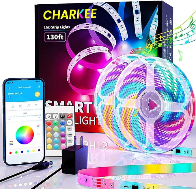 CHARKEE 130ft LED Strips Lights (65.6ft*2) Full Color Sync Music, Dimmable and Color Changing RGB LED Strip Lights, 24 Volt Bluetooth Flexible LED Lights for Bedroom,Family,DIY(Smart App+Remote)