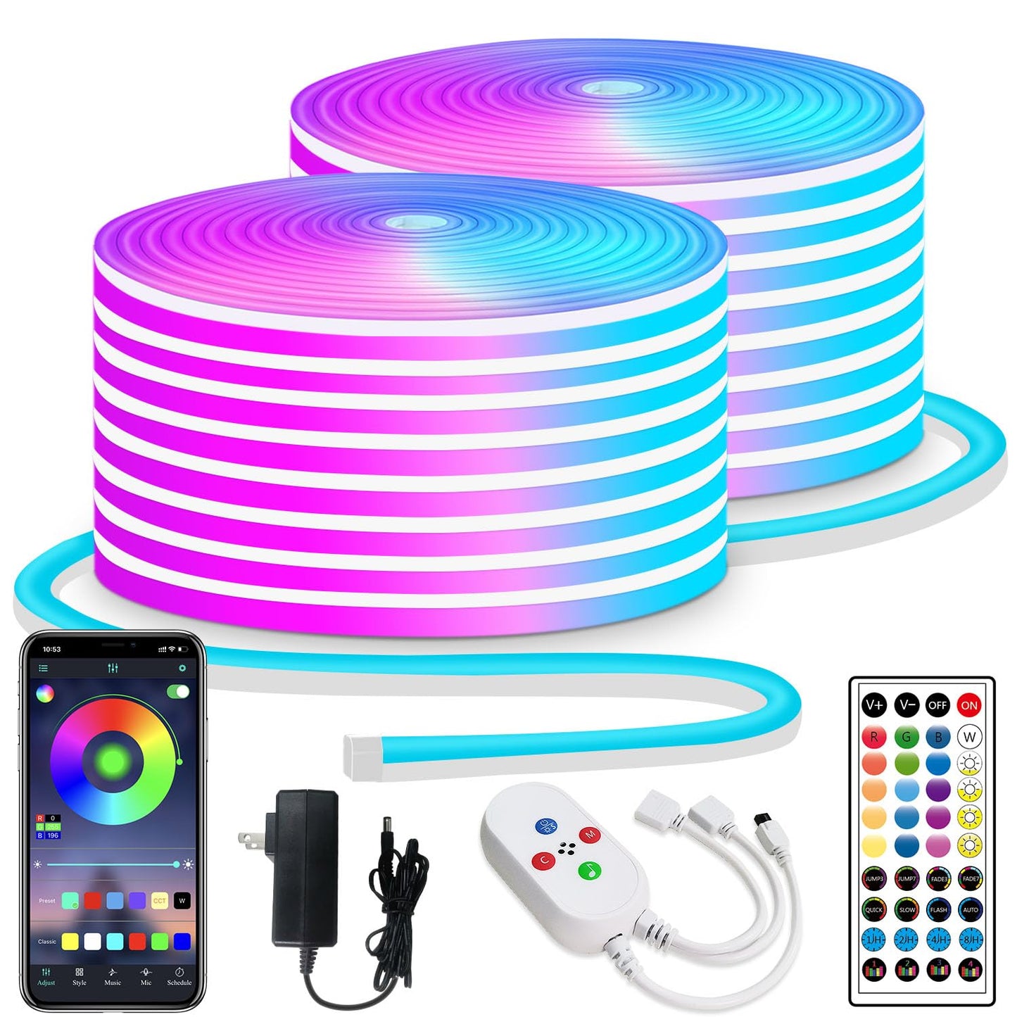 32.8ft LED neon Lights with Remote APP Control IP65 Waterproof Flexible Neon Strip Lights 24V RGB Rope Lights for Bedroom Room Outdoors Decor