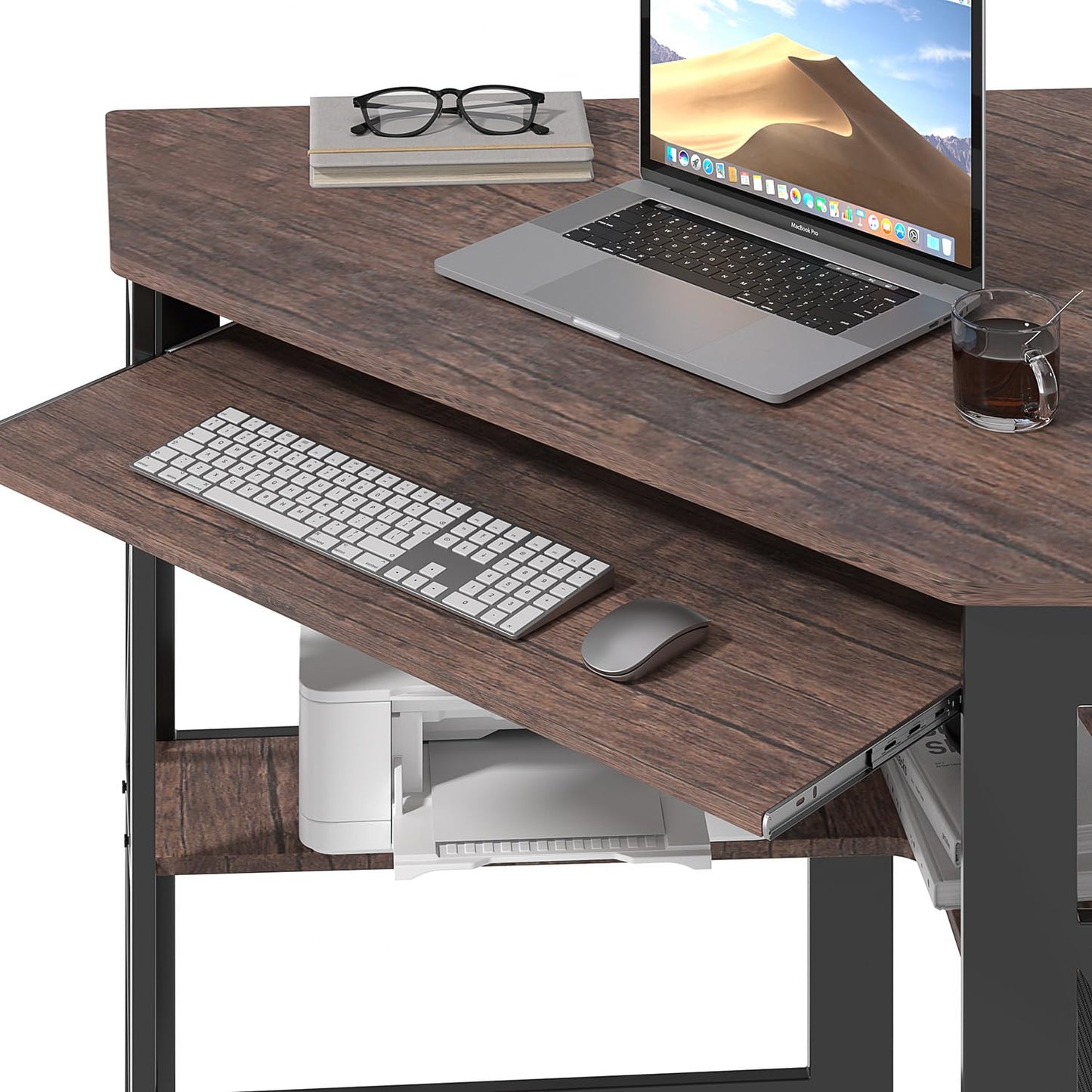 VECELO Corner Computer Desk Writing Smooth Keyboard Tray & Storage Shelves,Compact Home Office Triangle Table, Antique Brown