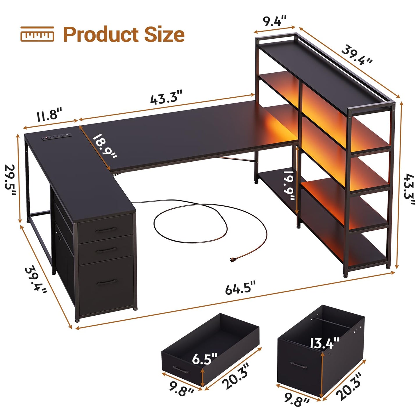 SEDETA Corner Computer Desk, Reversible U Shaped Office Desk with 3 Fabric Drawers and Power Outlet, Corner Gaming Desk with LED Lights, Storage Shelves, Grey