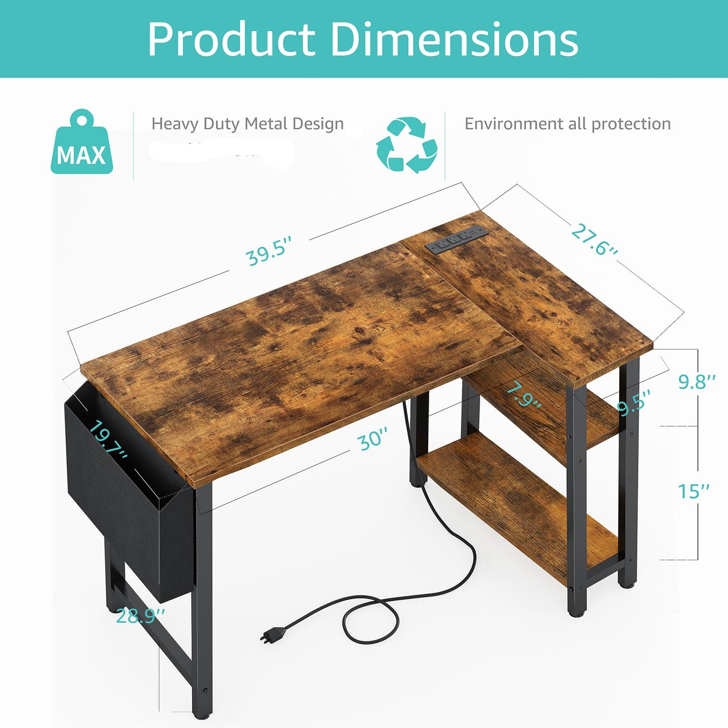 Lufeiya Small L Shaped Desk with Power Outlet Shelves, 40 Inch Corner Desk for Small Space Home Office, L-Shaped Computer Desk PC Desks with Charging Station, Rustic Brown