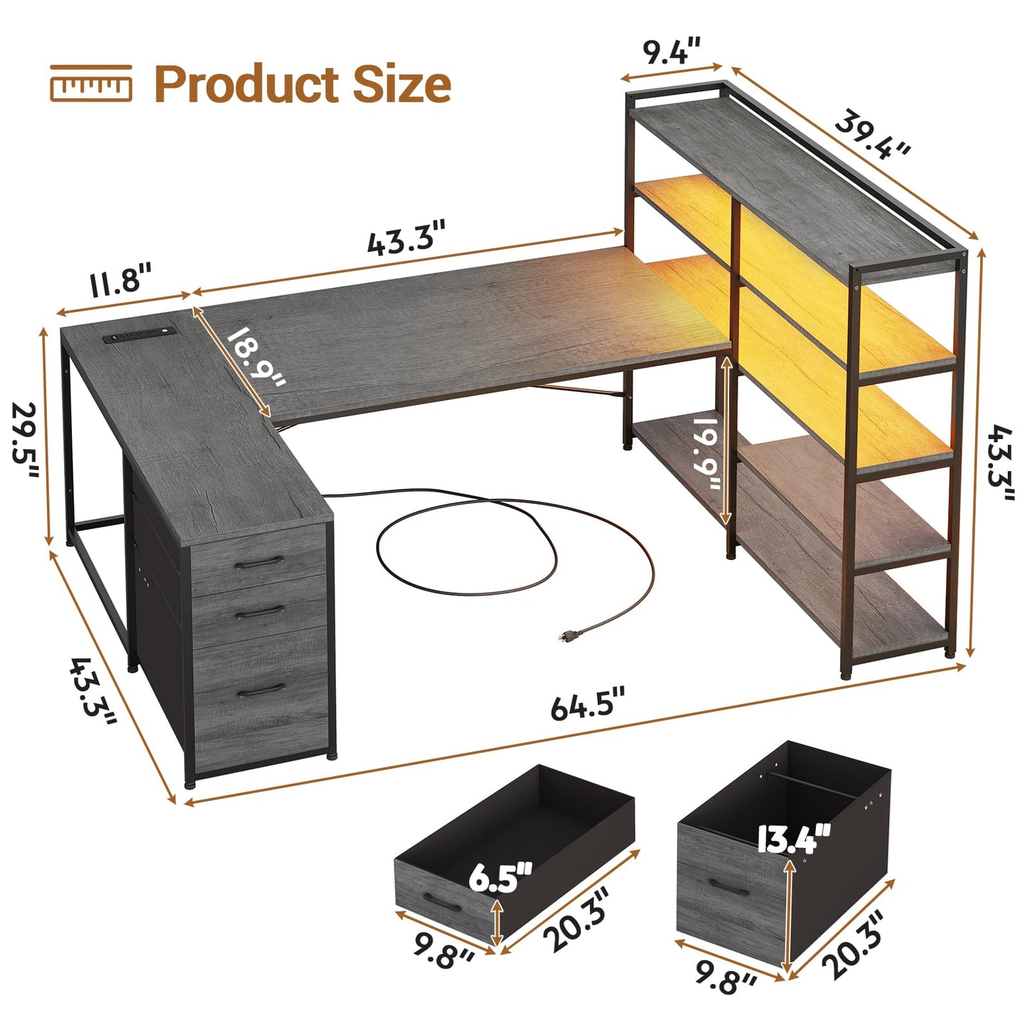 SEDETA Corner Computer Desk, Reversible U Shaped Office Desk with 3 Fabric Drawers and Power Outlet, Corner Gaming Desk with LED Lights, Storage Shelves, Grey