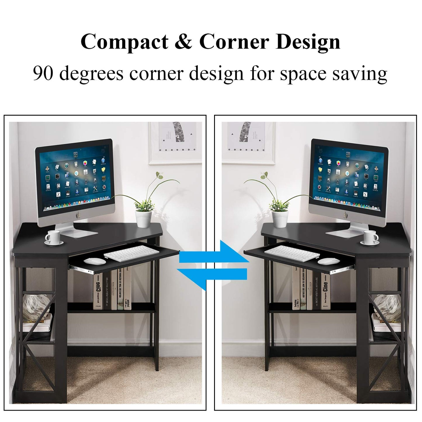 VECELO Corner Computer Desk 41 x 30 inches with Smooth Keyboard & Storage Shelves for Home Office Workstation, Black