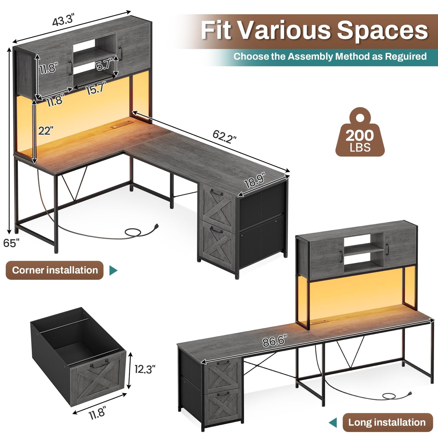 SEDETA Corner Computer Desk, Reversible L Shaped Computer Desk with Fabric Drawers and Power Outlet, Gaming Desk with Led Lights, Hutch and Storage Shelf for Home Office, Black