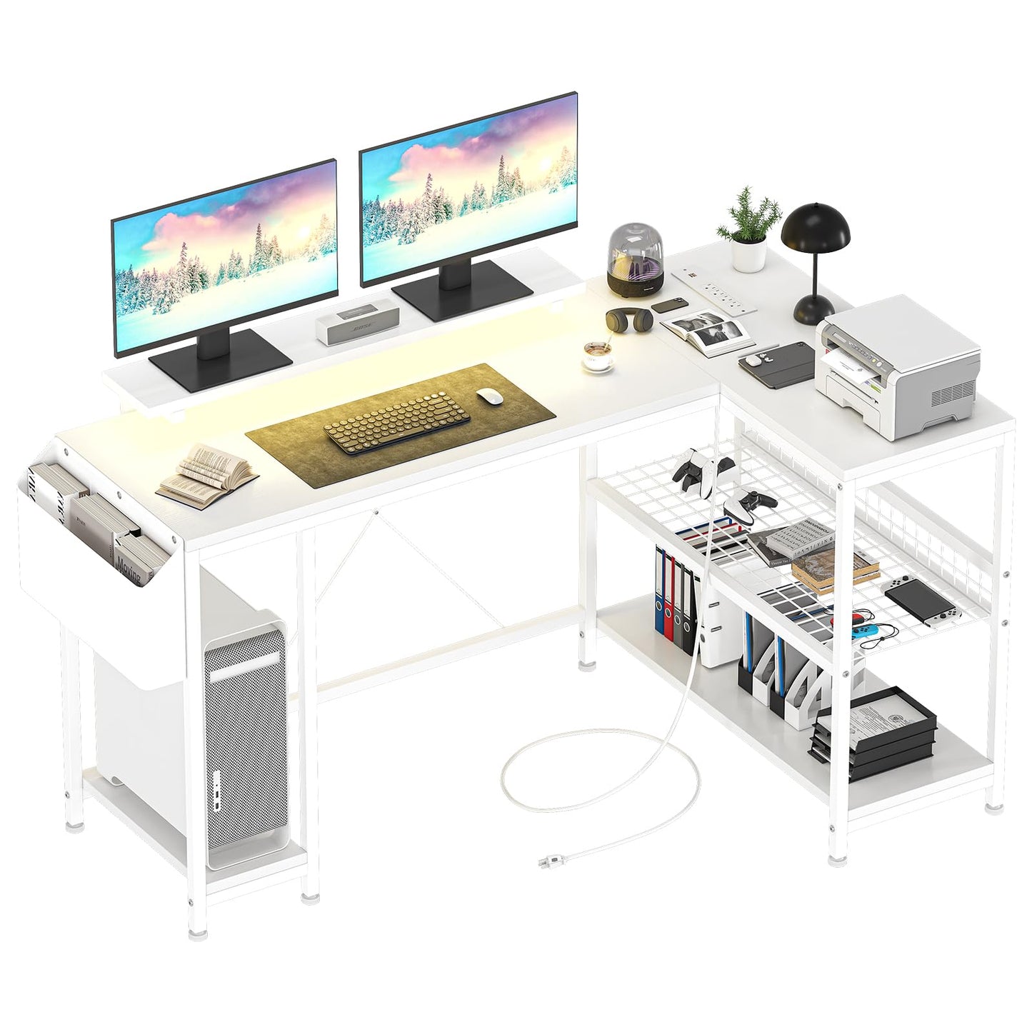 49" L Shaped Desk with Power Outlet & LED Lights, Reversible Corner Computer Desk with Storage Shelves & Monitor Stand, Home Office Desk for Gaming Writing Study (White)