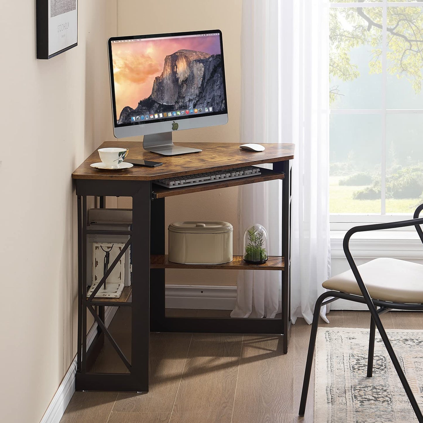 VECELO Corner Computer Desk Writing Smooth Keyboard Tray & Storage Shelves,Compact Home Office Triangle Table, Antique Brown