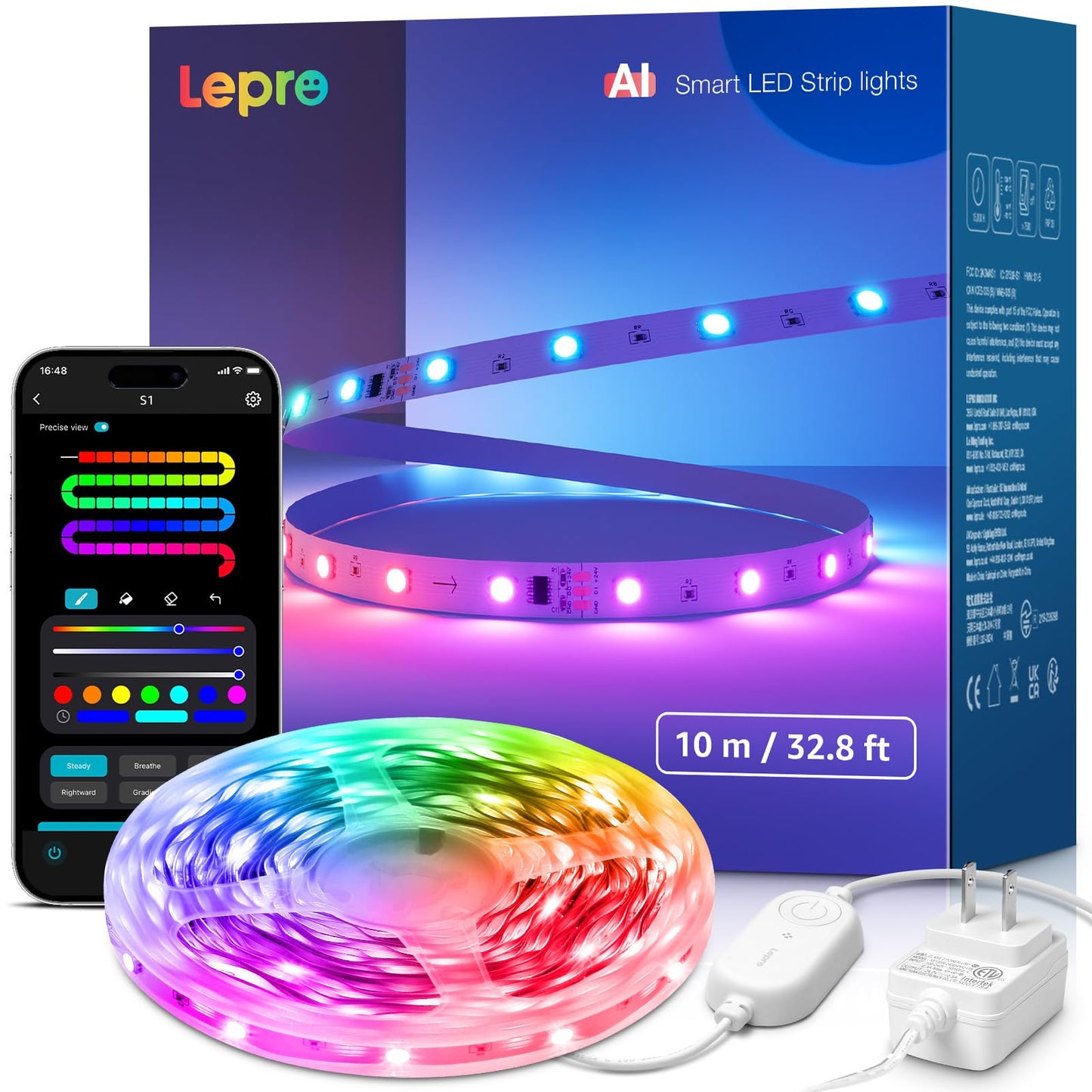 Lepro S1 AI LED Strip Lights for Bedroom - 32.8ft Smart Light Strips with IC and Rainbow Chasing Effects, Color Segment DIY, AI Generated Lighting LLM, AI Music Sync, Wi-Fi & Bluetooth RGB Lights