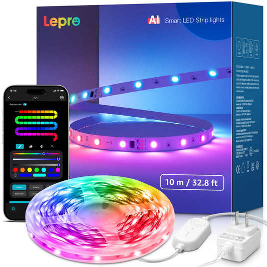 Lepro S1 AI LED Strip Lights for Bedroom - 32.8ft Smart Light Strips with IC and Rainbow Chasing Effects, Color Segment DIY, AI Generated Lighting LLM, AI Music Sync, Wi-Fi & Bluetooth RGB Lights