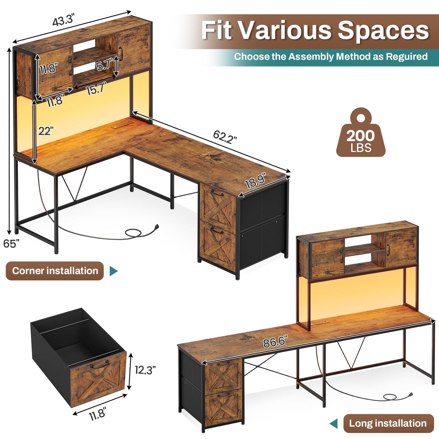 SEDETA Corner Computer Desk, Reversible L Shaped Computer Desk with Fabric Drawers and Power Outlet, Gaming Desk with Led Lights, Hutch and Storage Shelf for Home Office, Black