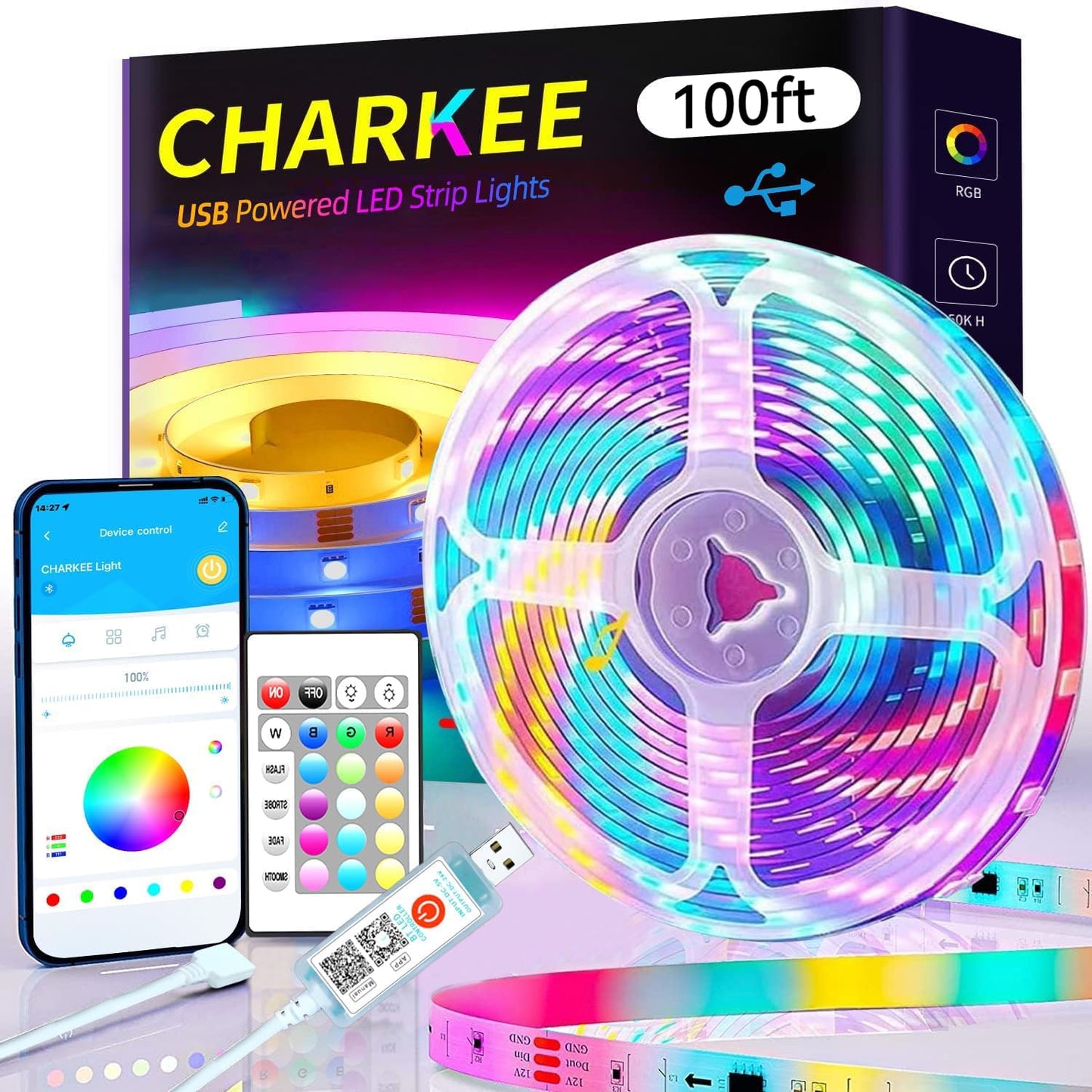 CHARKEE 130ft LED Strips Lights (65.6ft*2) Full Color Sync Music, Dimmable and Color Changing RGB LED Strip Lights, 24 Volt Bluetooth Flexible LED Lights for Bedroom,Family,DIY(Smart App+Remote)