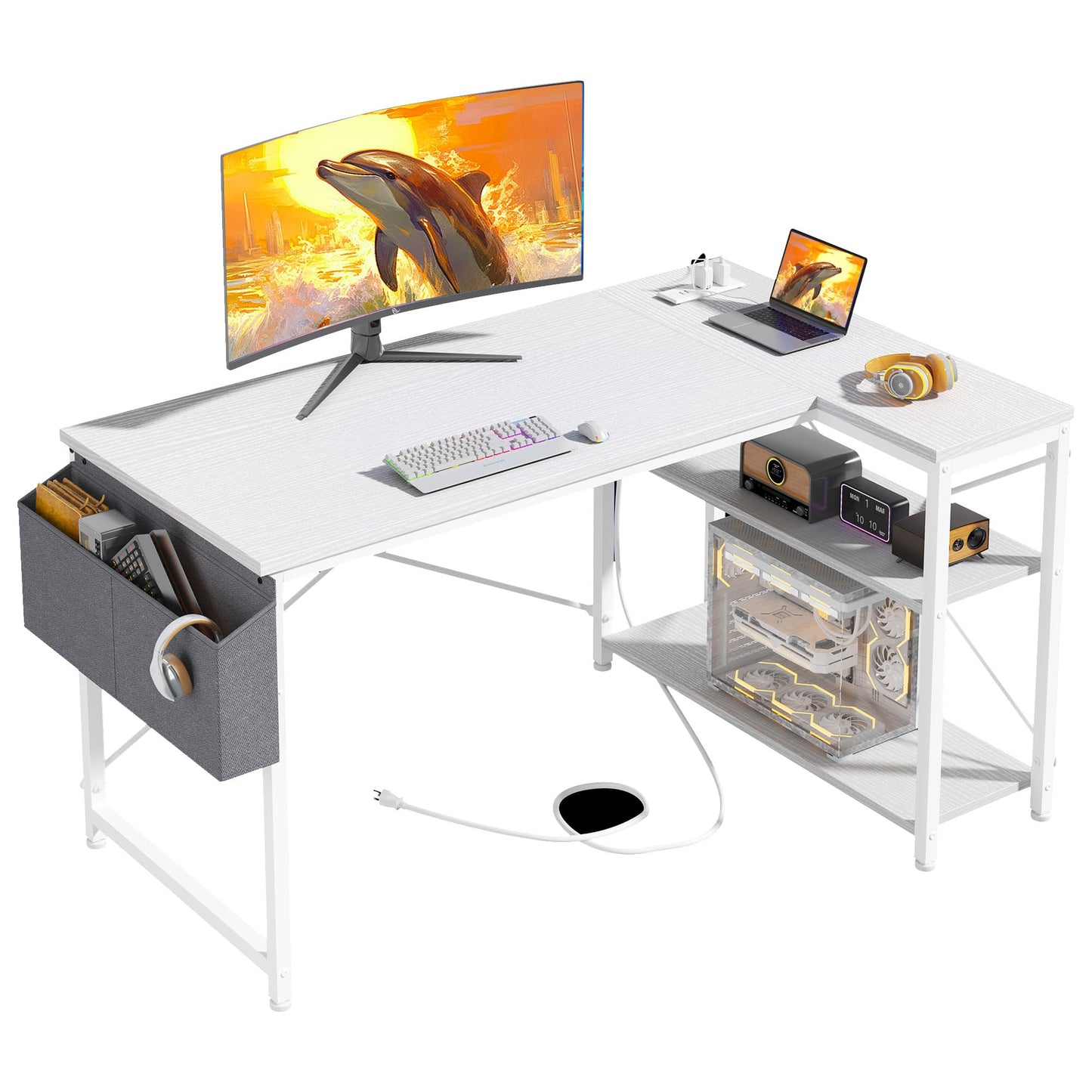 EnHomee 47" Computer Desk with Power Outlets,L Shaped Desk with Storage Shelves,Home Offic Corner Desk for Work,Writing Study Desk with Gaming Desk for Bedroom Office Dorm,Black