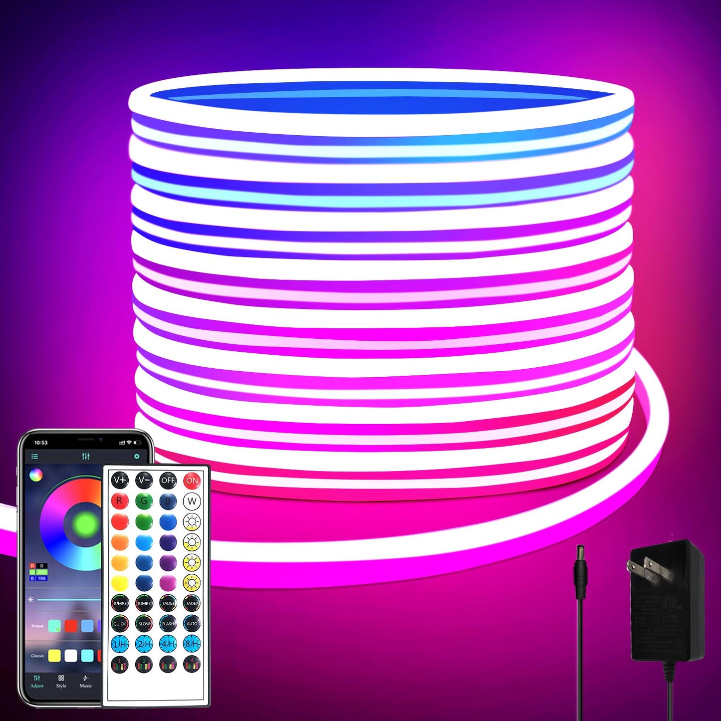 32.8ft LED neon Lights with Remote APP Control IP65 Waterproof Flexible Neon Strip Lights 24V RGB Rope Lights for Bedroom Room Outdoors Decor