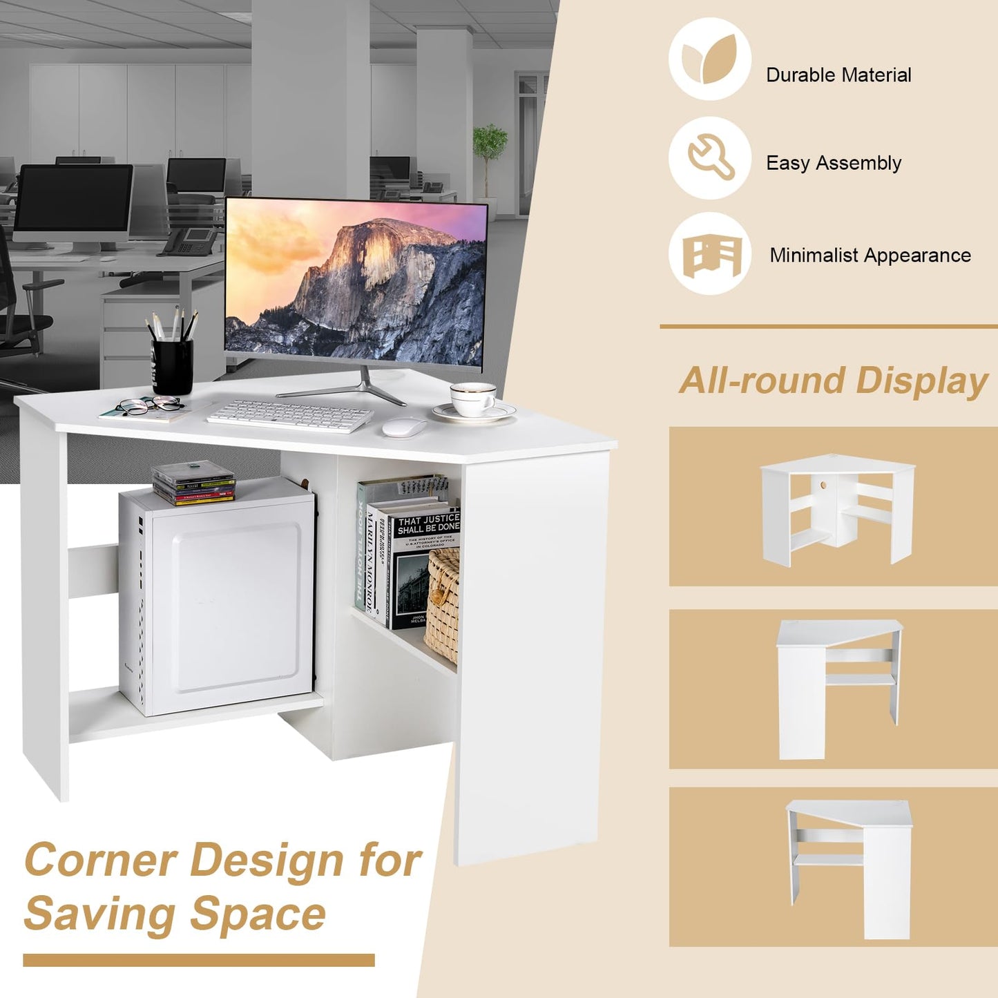 Tangkula Corner Desk, 90 Degrees Triangle Computer Desk for Small Space, Space Saving Bedroom Corner Makeup Vanity Desk with Storage Shelves & CPU Stand,