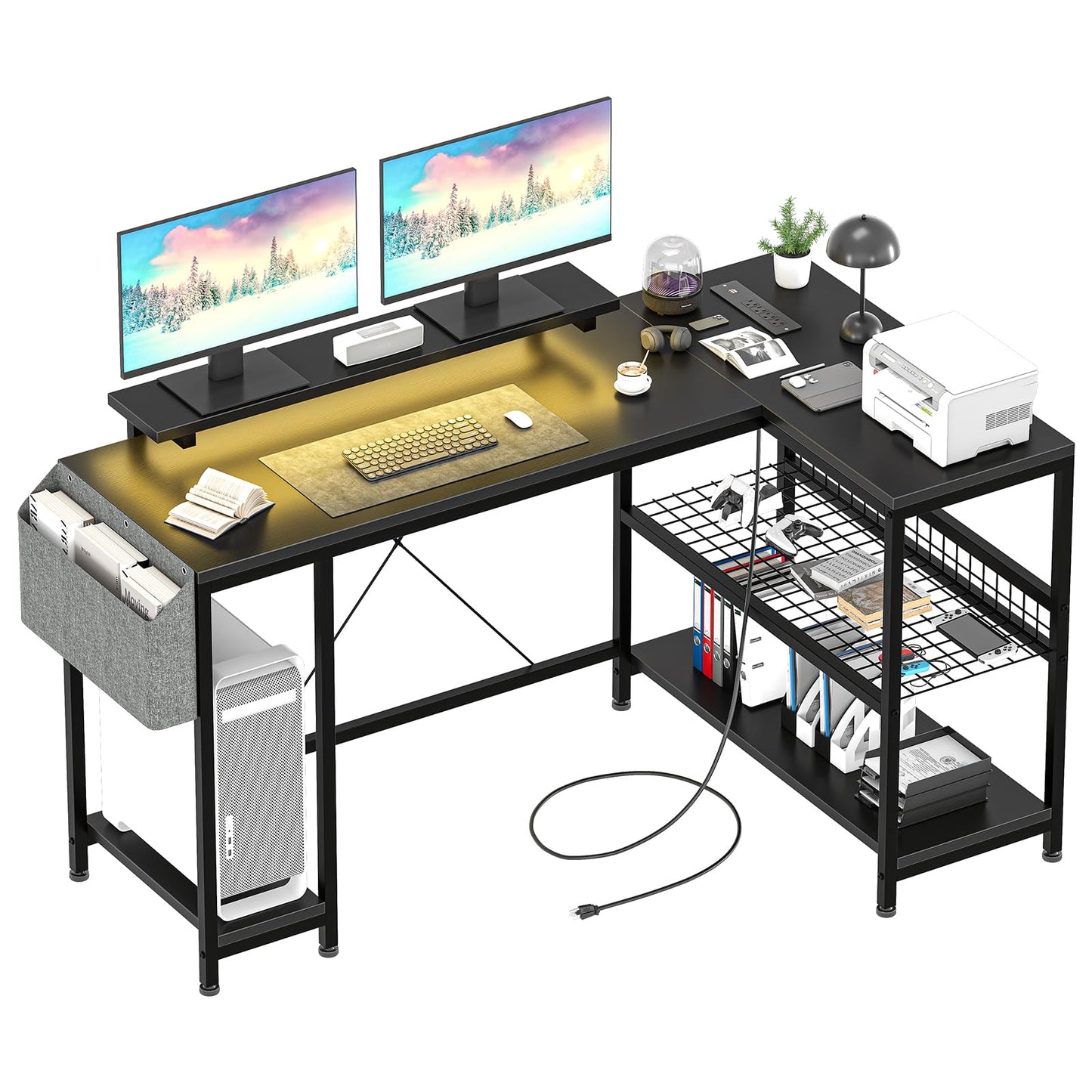 49" L Shaped Desk with Power Outlet & LED Lights, Reversible Corner Computer Desk with Storage Shelves & Monitor Stand, Home Office Desk for Gaming Writing Study (White)