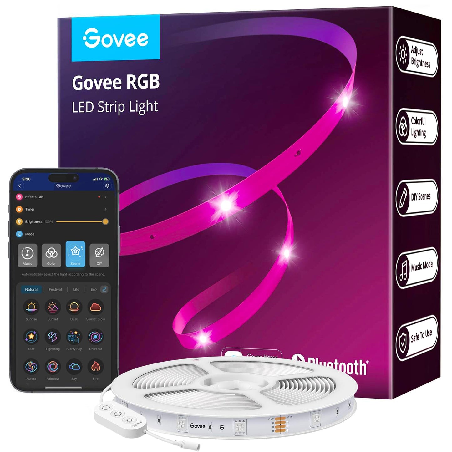 Govee 100ft LED Strip Lights, Bluetooth RGB Halloween LED Lights with App Control, 64 Scenes and Music Sync LED Strip Lighting for Bedroom, Living Room, Kitchen, Party, ETL Listed Adapter