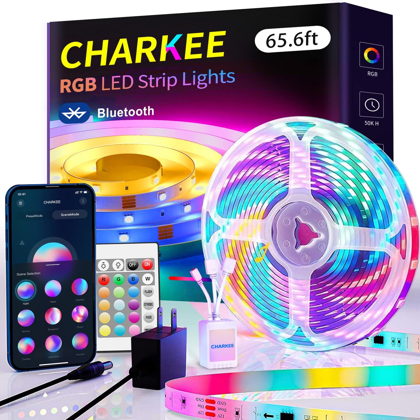 CHARKEE 130ft LED Strips Lights (65.6ft*2) Full Color Sync Music, Dimmable and Color Changing RGB LED Strip Lights, 24 Volt Bluetooth Flexible LED Lights for Bedroom,Family,DIY(Smart App+Remote)