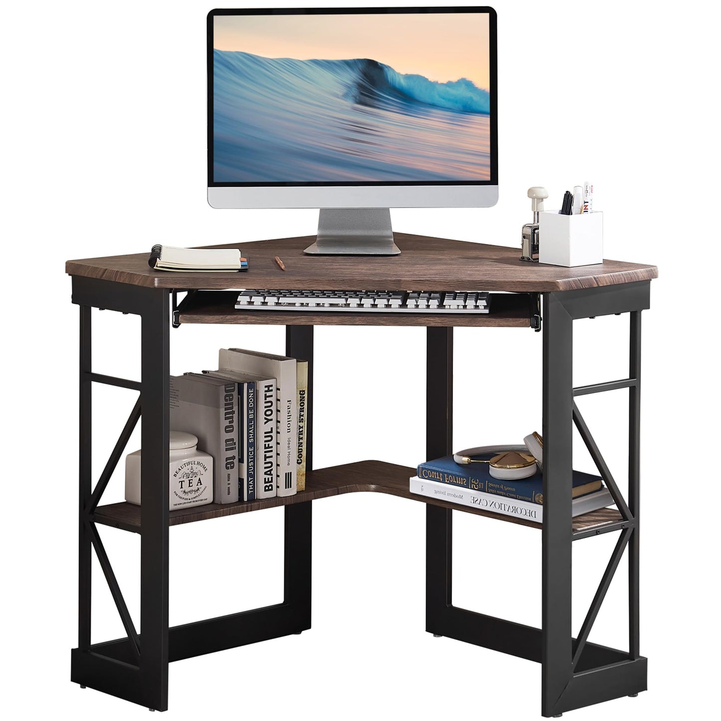 VECELO Corner Computer Desk 41 x 30 inches with Smooth Keyboard & Storage Shelves for Home Office Workstation, Black