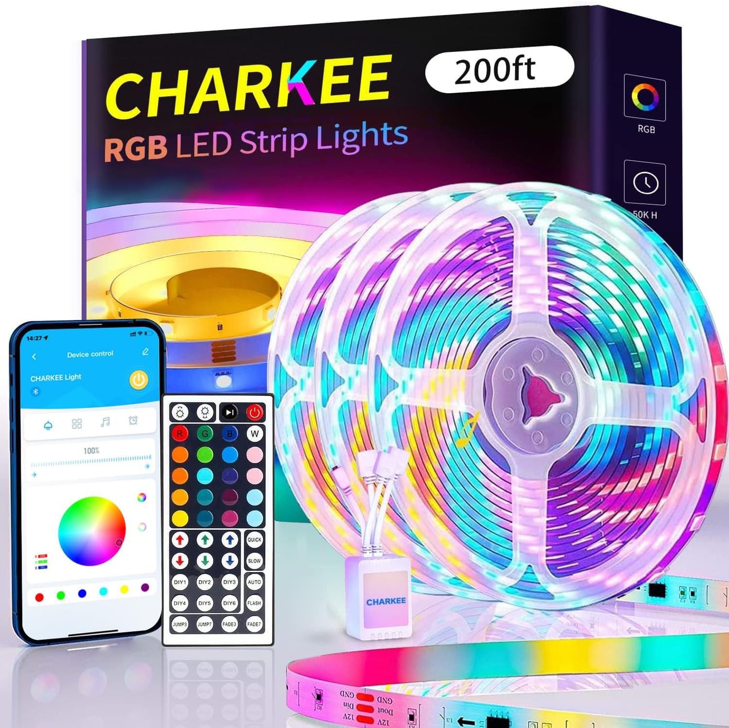 CHARKEE 130ft LED Strips Lights (65.6ft*2) Full Color Sync Music, Dimmable and Color Changing RGB LED Strip Lights, 24 Volt Bluetooth Flexible LED Lights for Bedroom,Family,DIY(Smart App+Remote)