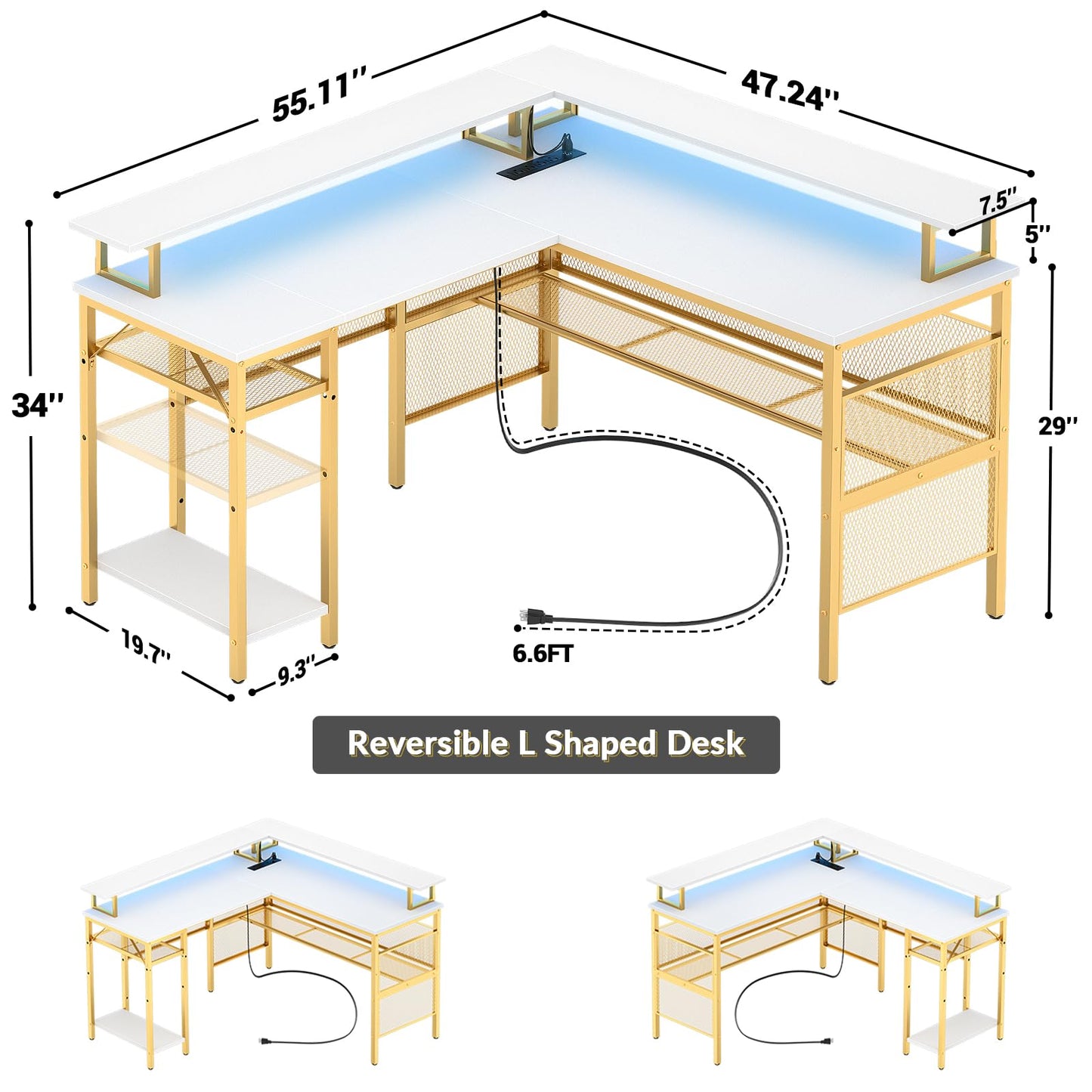 Unikito Reversible L Shaped Desk with Magic Power Outlets and USB Charging Ports, Sturdy Corner Computer Desk with Storage Shelves, Gaming Desk for Home Office, Easy to Assemble, Black Oak