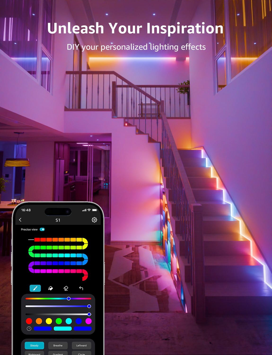 Lepro S1 AI LED Strip Lights for Bedroom - 32.8ft Smart Light Strips with IC and Rainbow Chasing Effects, Color Segment DIY, AI Generated Lighting LLM, AI Music Sync, Wi-Fi & Bluetooth RGB Lights