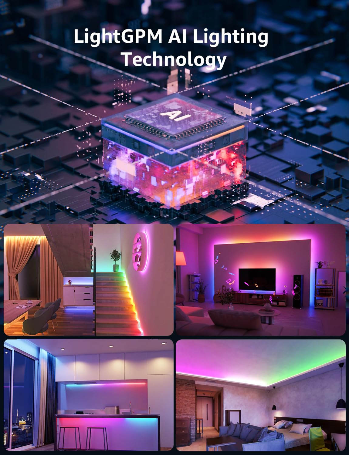 Lepro S1 AI LED Strip Lights for Bedroom - 32.8ft Smart Light Strips with IC and Rainbow Chasing Effects, Color Segment DIY, AI Generated Lighting LLM, AI Music Sync, Wi-Fi & Bluetooth RGB Lights