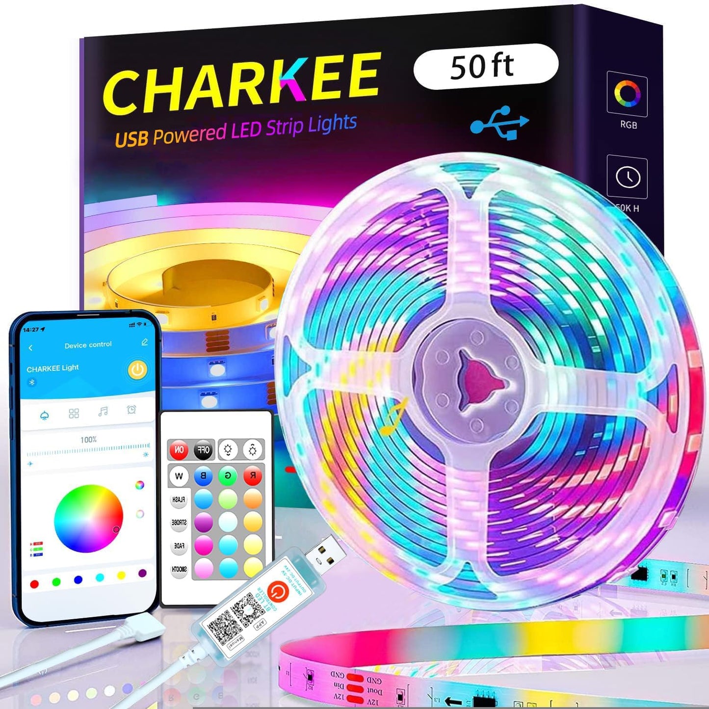 CHARKEE 130ft LED Strips Lights (65.6ft*2) Full Color Sync Music, Dimmable and Color Changing RGB LED Strip Lights, 24 Volt Bluetooth Flexible LED Lights for Bedroom,Family,DIY(Smart App+Remote)