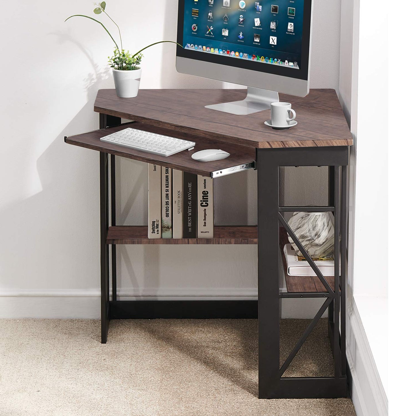 VECELO Corner Computer Desk 41 x 30 inches with Smooth Keyboard & Storage Shelves for Home Office Workstation, Black