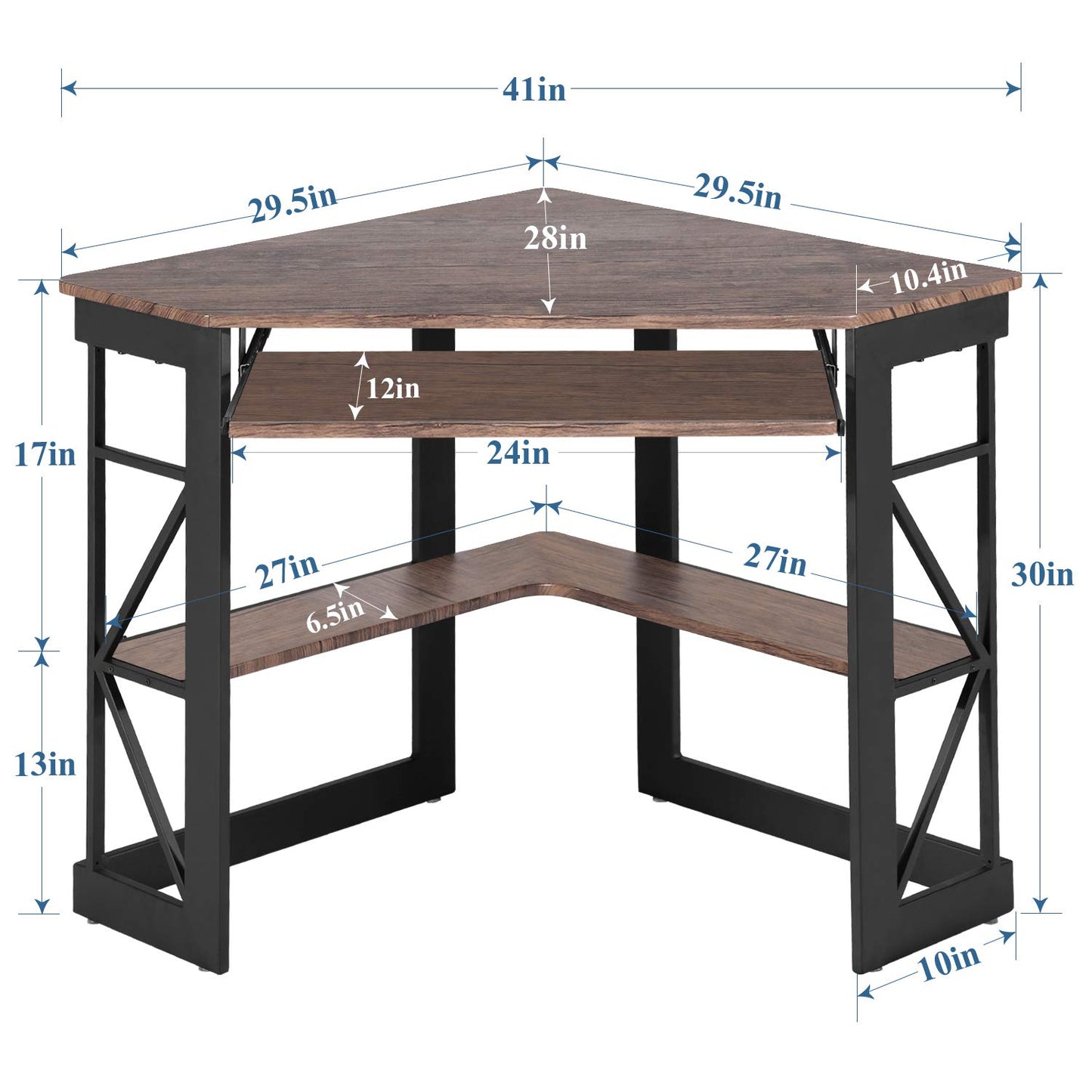 VECELO Corner Computer Desk Writing Smooth Keyboard Tray & Storage Shelves,Compact Home Office Triangle Table, Antique Brown