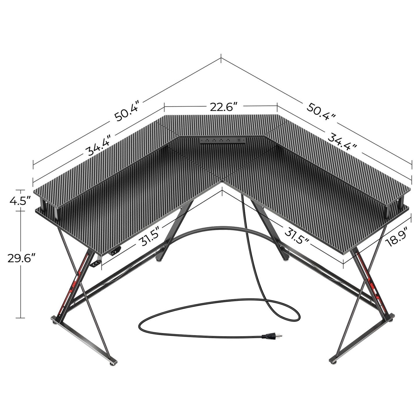 SEVEN WARRIOR L Shaped Gaming Desk with LED Lights & Power Outlets, 50.4” Computer Desk with Monitor Stand & Carbon Fiber Surface, Corner Desk with Cup Holder, Gaming Table with Hooks, Black