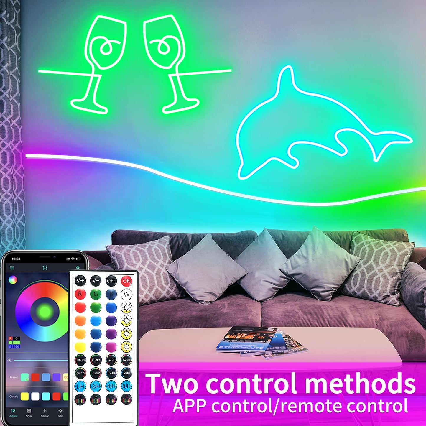 32.8ft LED neon Lights with Remote APP Control IP65 Waterproof Flexible Neon Strip Lights 24V RGB Rope Lights for Bedroom Room Outdoors Decor