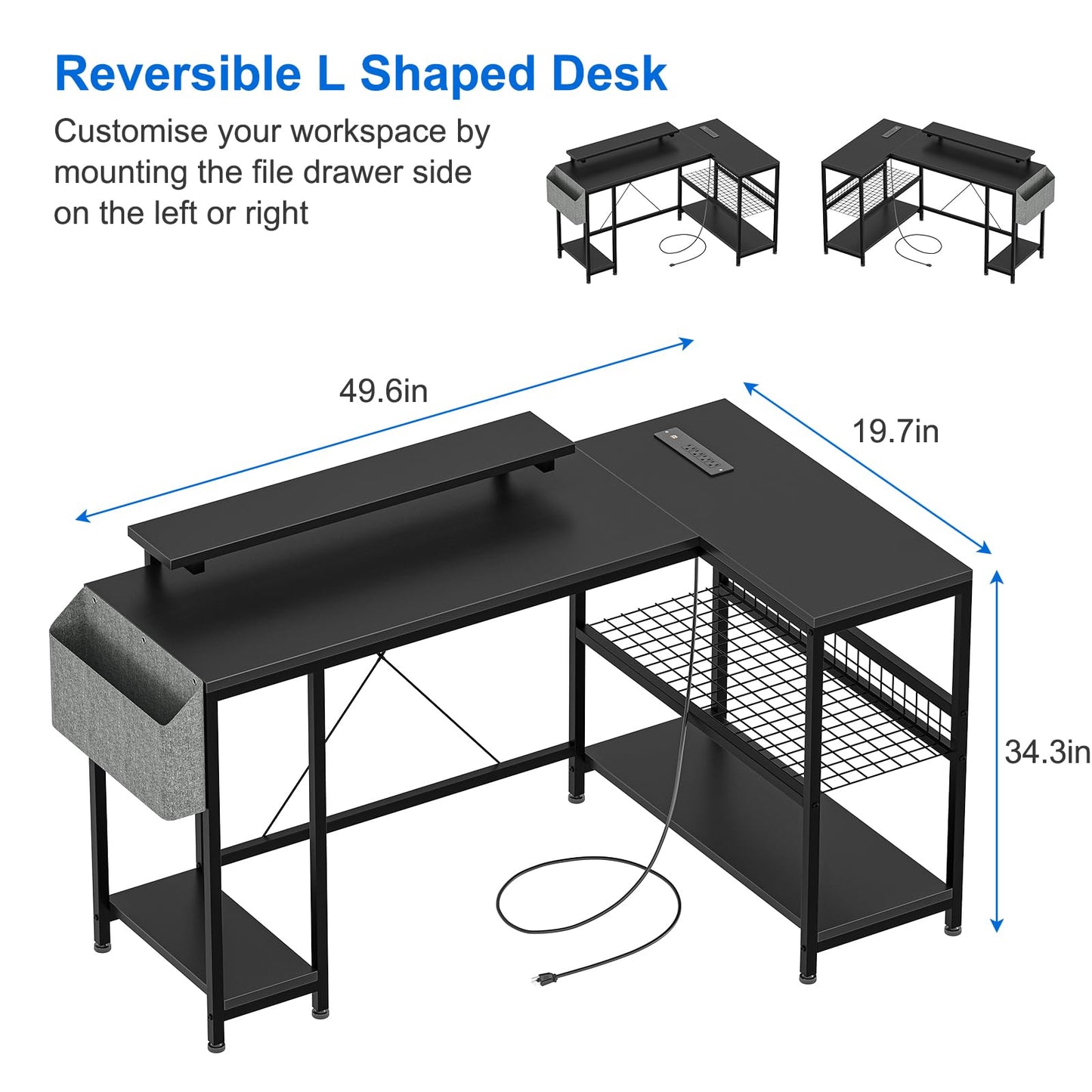 49" L Shaped Desk with Power Outlet & LED Lights, Reversible Corner Computer Desk with Storage Shelves & Monitor Stand, Home Office Desk for Gaming Writing Study (White)