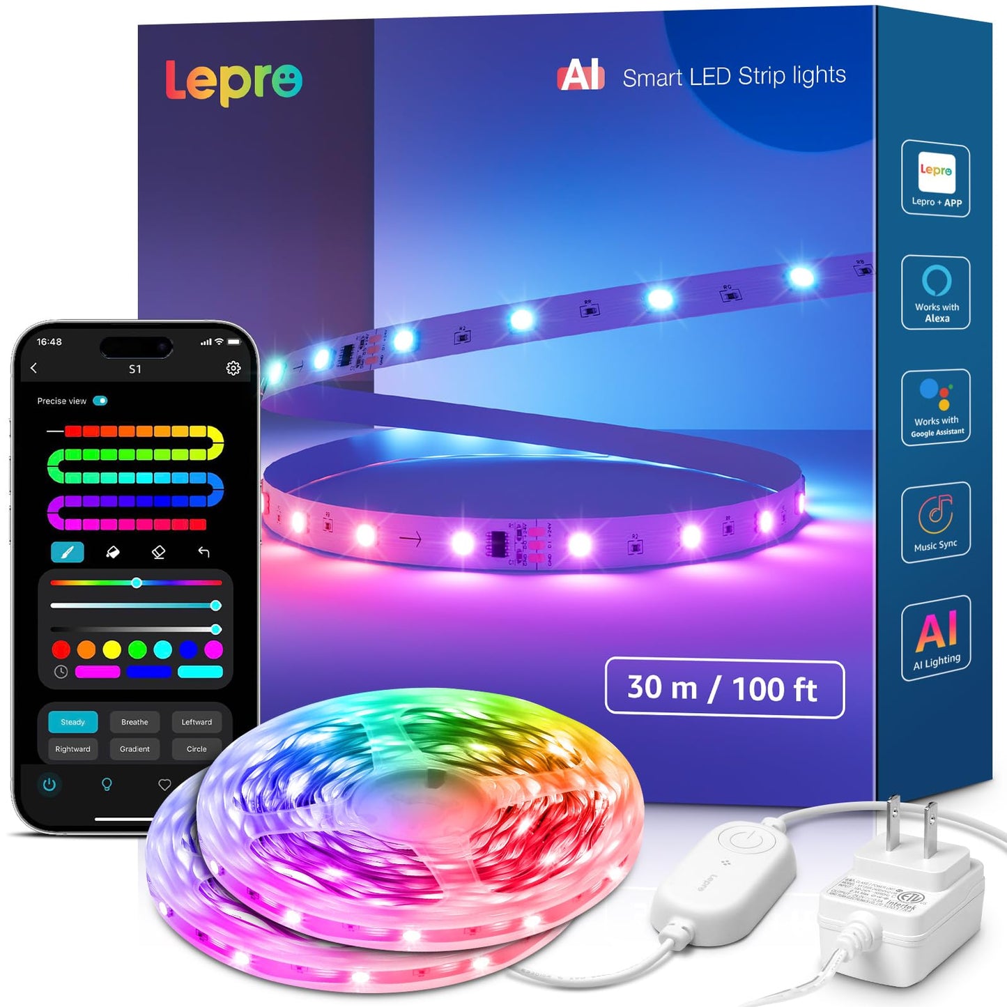 Lepro S1 AI LED Strip Lights for Bedroom - 32.8ft Smart Light Strips with IC and Rainbow Chasing Effects, Color Segment DIY, AI Generated Lighting LLM, AI Music Sync, Wi-Fi & Bluetooth RGB Lights