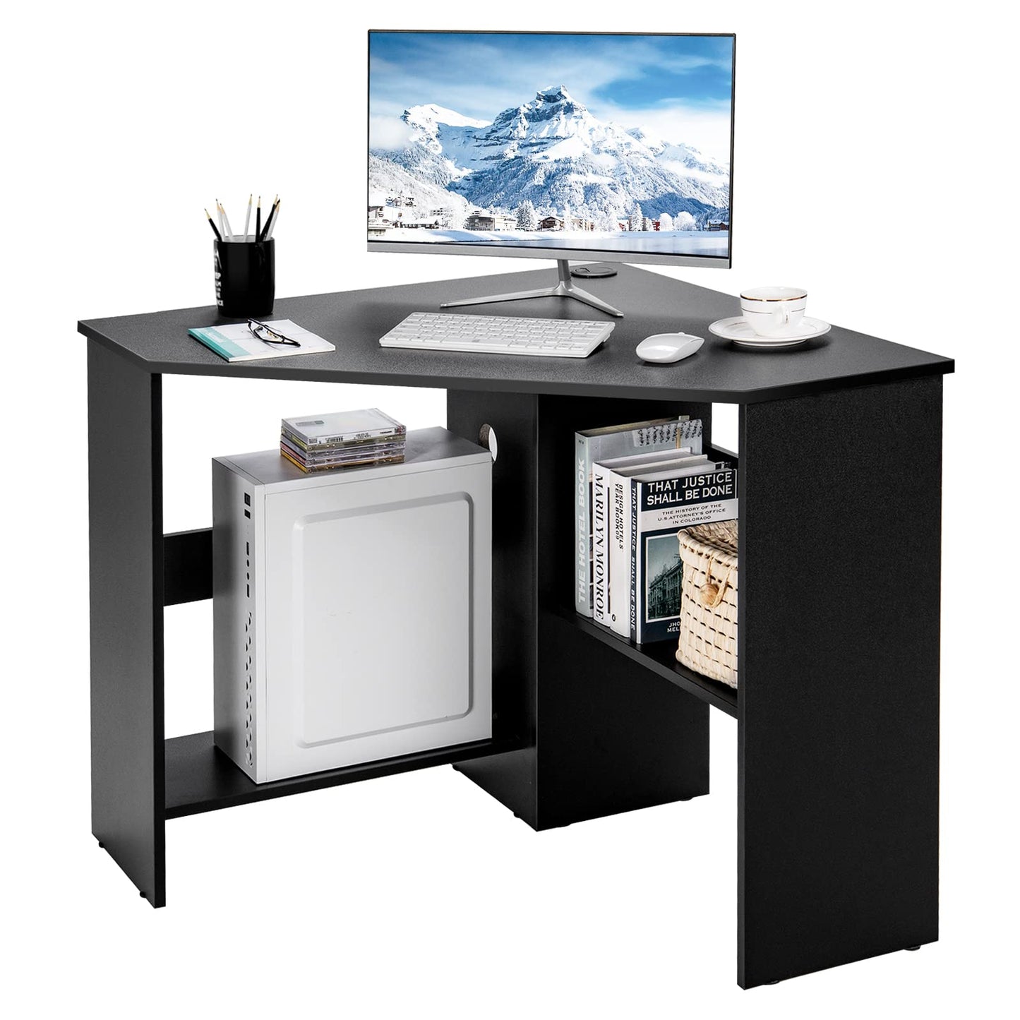 Tangkula Corner Desk, 90 Degrees Triangle Computer Desk for Small Space, Space Saving Bedroom Corner Makeup Vanity Desk with Storage Shelves & CPU Stand,