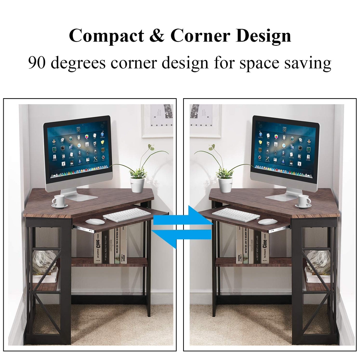 VECELO Corner Computer Desk 41 x 30 inches with Smooth Keyboard & Storage Shelves for Home Office Workstation, Black