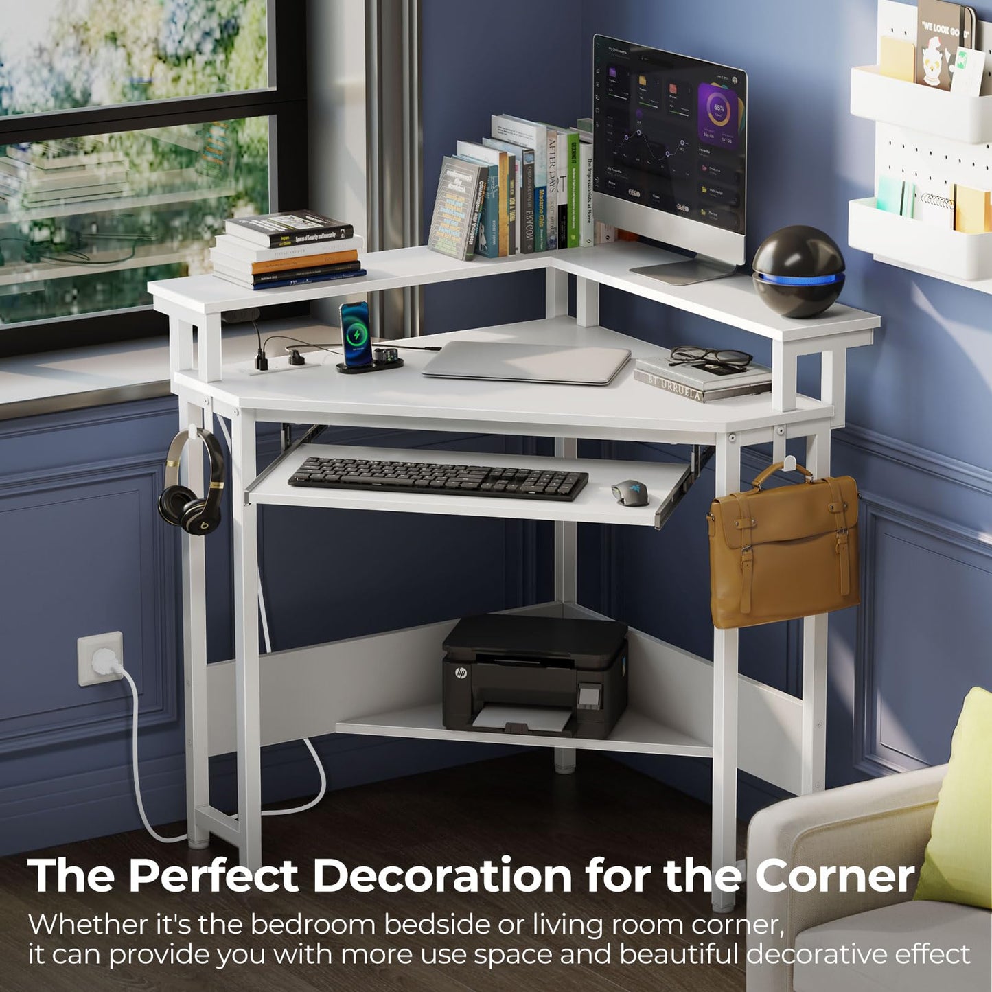 Rolanstar Corner Desk, 44.5"W x 34.5"H Small Computer Desk with Power Outlets & LED Lights, Triangle corner computer desk with Keyboard Tray & Monitor Stand for Small Space, Small Office Desk, White