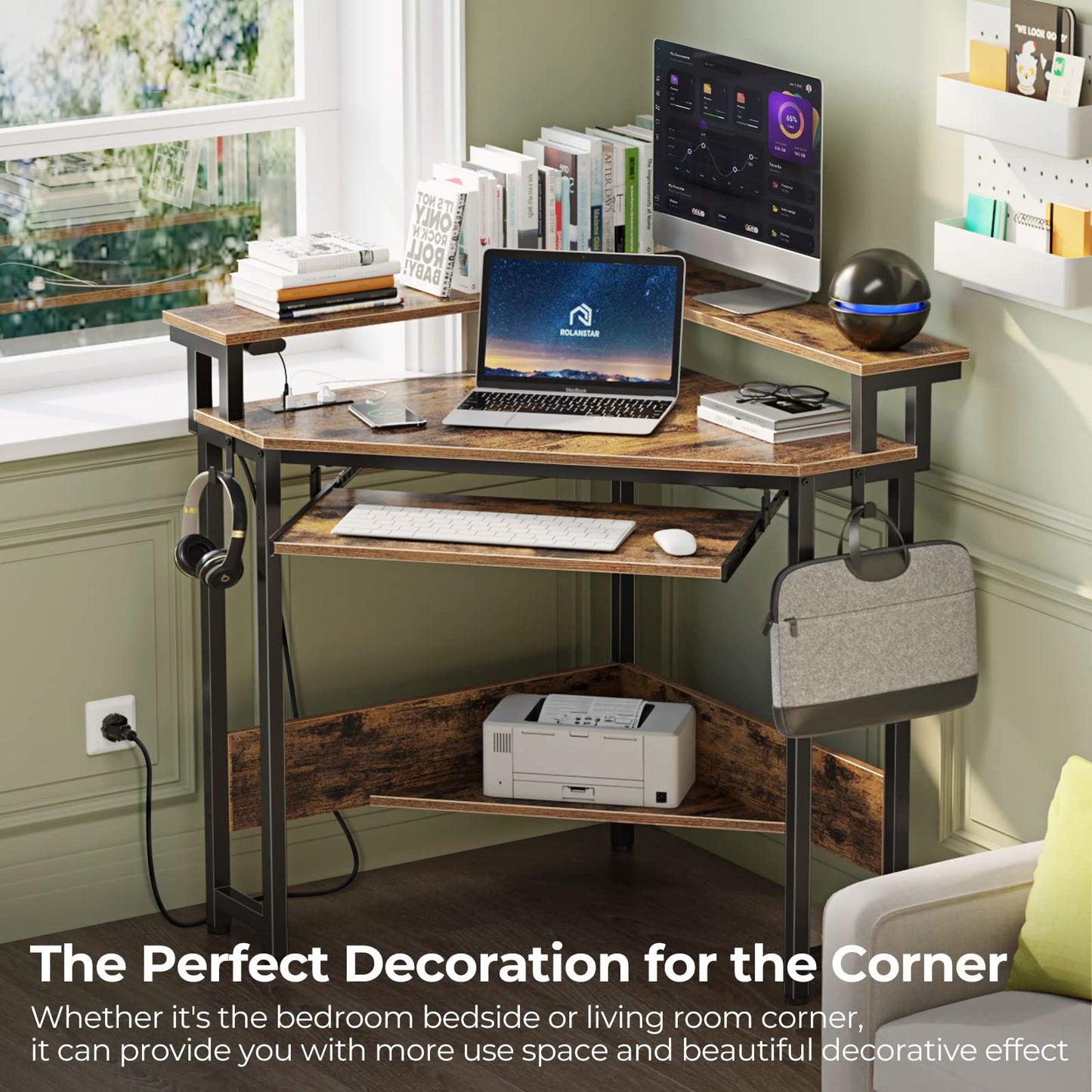 Rolanstar Corner Desk, 44.5"W x 34.5"H Small Computer Desk with Power Outlets & LED Lights, Triangle corner computer desk with Keyboard Tray & Monitor Stand for Small Space, Small Office Desk, White