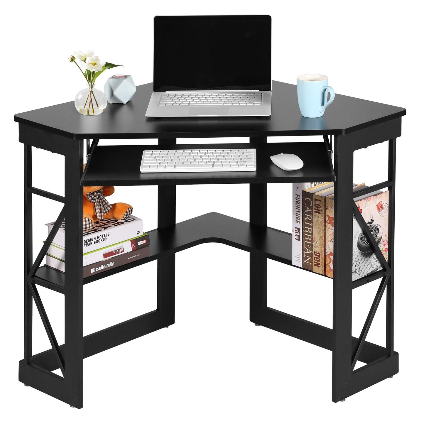 VECELO Corner Computer Desk 41 x 30 inches with Smooth Keyboard & Storage Shelves for Home Office Workstation, Black