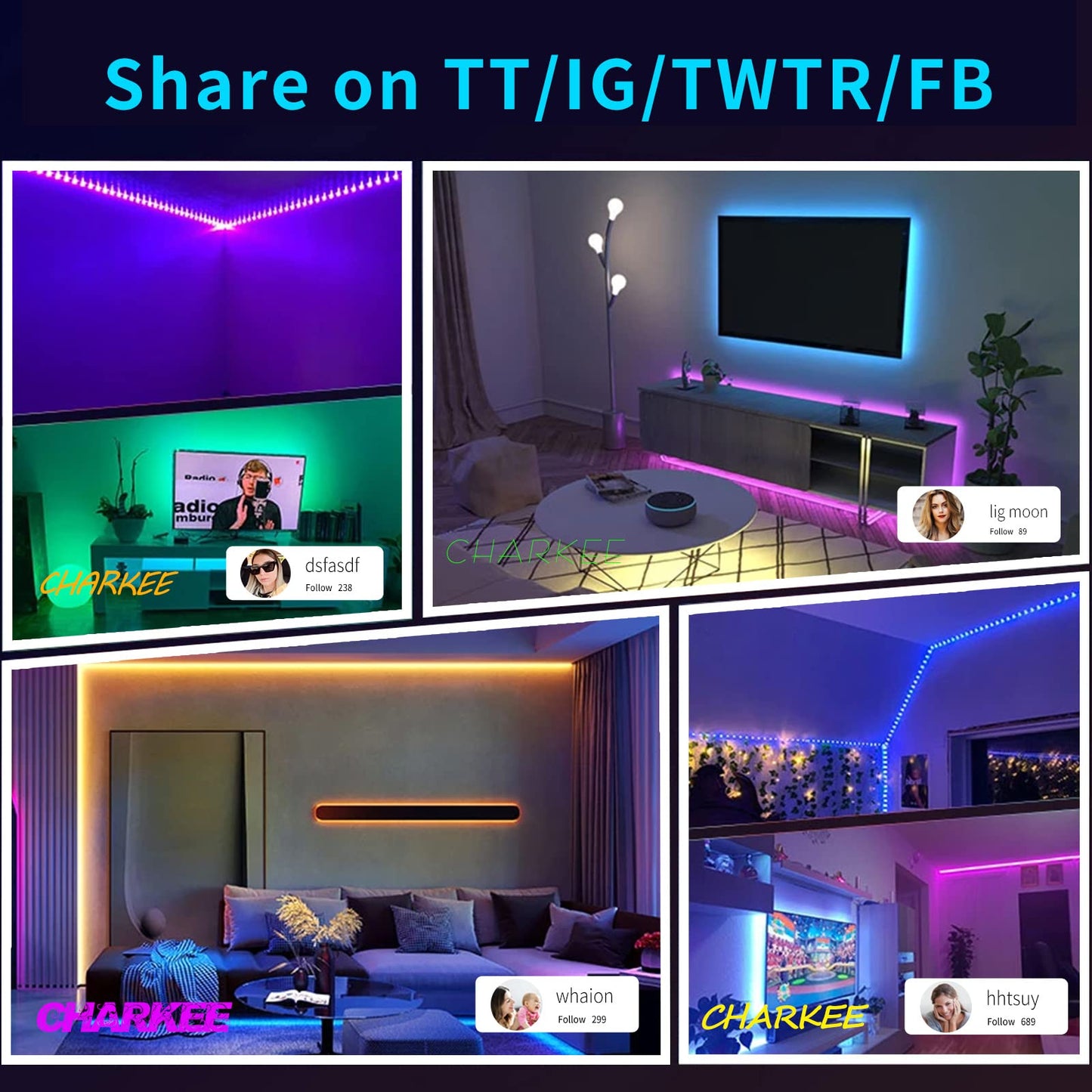 CHARKEE 130ft LED Strips Lights (65.6ft*2) Full Color Sync Music, Dimmable and Color Changing RGB LED Strip Lights, 24 Volt Bluetooth Flexible LED Lights for Bedroom,Family,DIY(Smart App+Remote)