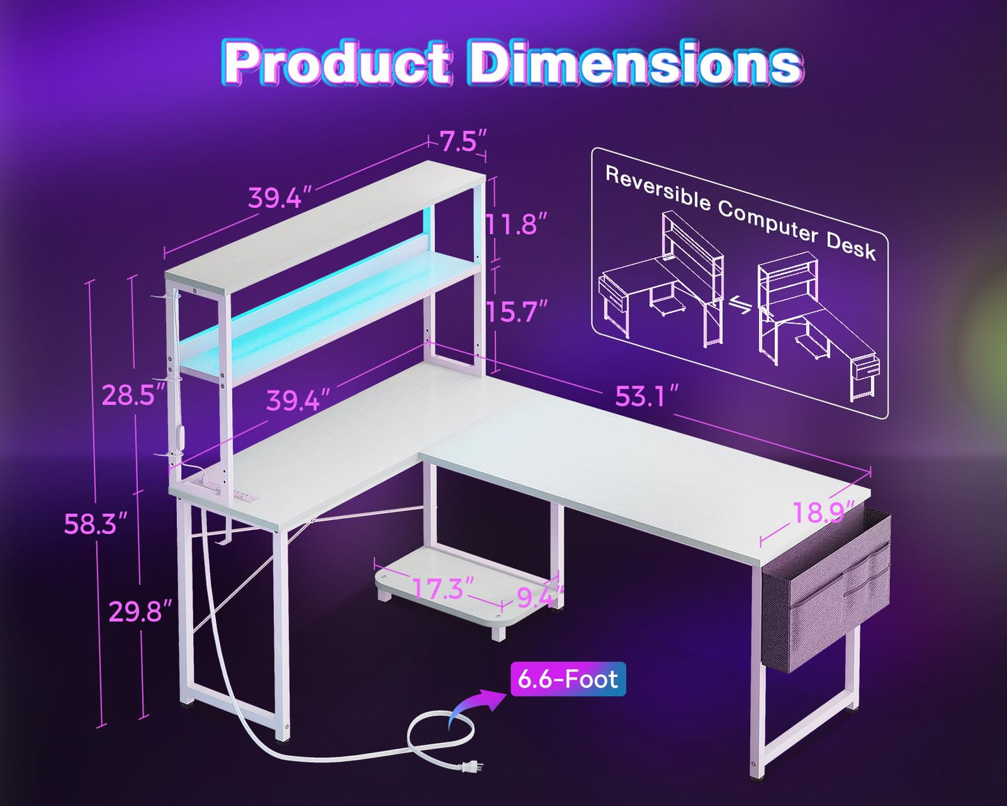 AODK L Shaped Desk Gaming Desk with LED Light & Power Outlet, 53 Inch Reversible L Shaped Computer Desk with Shelf, Corner Desk with Storage Bag&Hook for Home Office Desk, Black