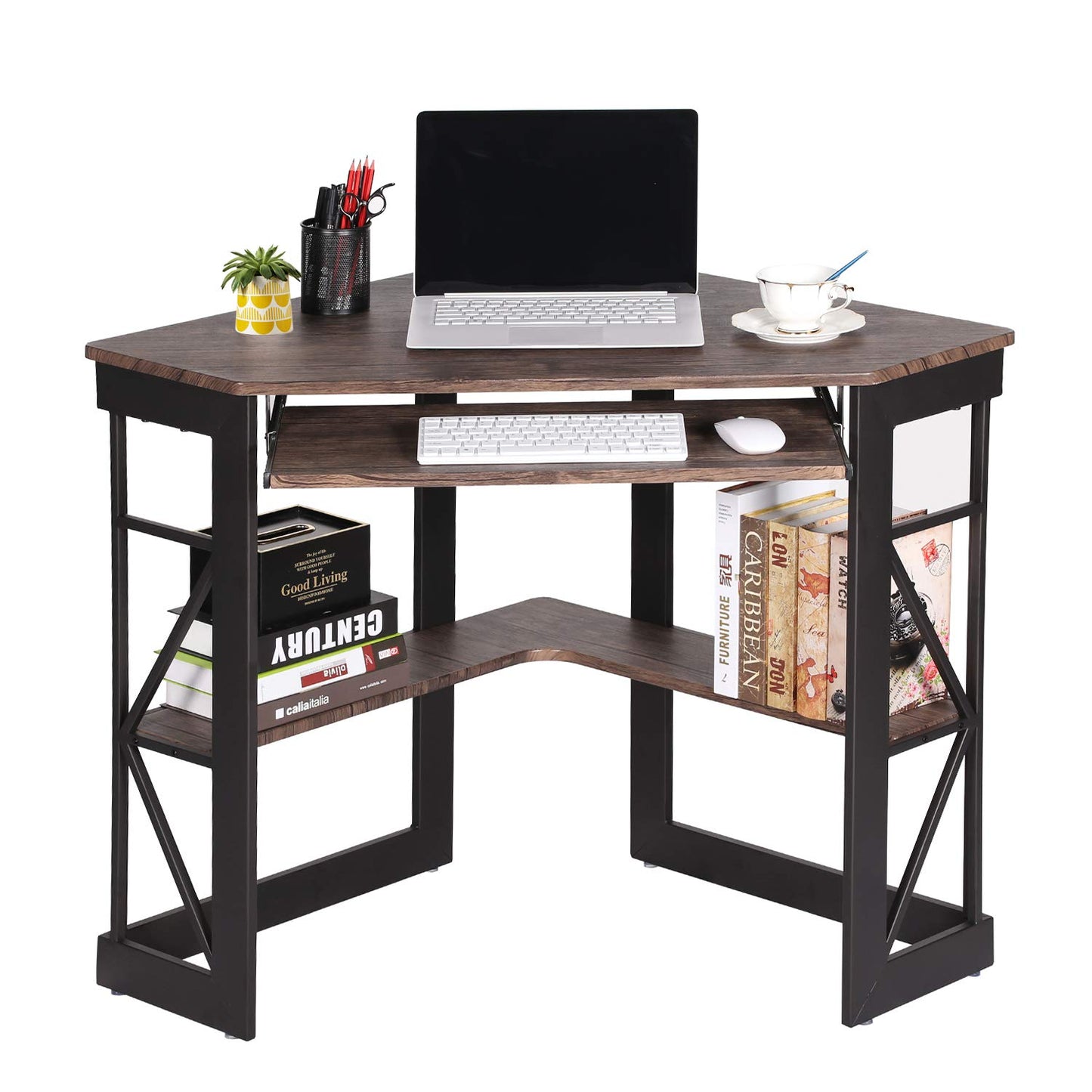 VECELO Corner Computer Desk 41 x 30 inches with Smooth Keyboard & Storage Shelves for Home Office Workstation, Black