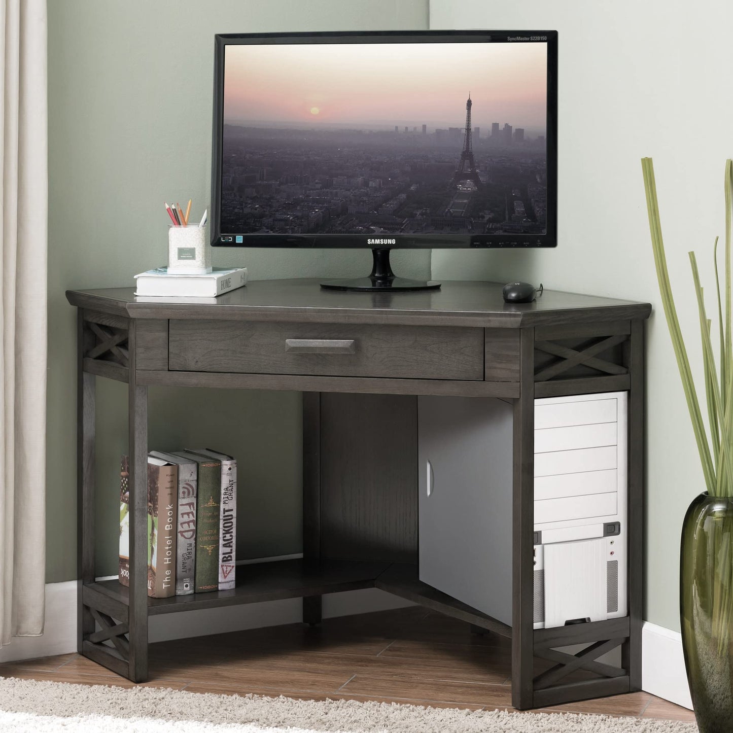 Leick Home 84430 Oak Corner Computer/Writing Desk with Drawer, Smoke Gray